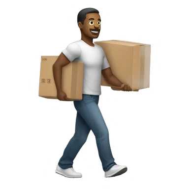 A man walking while carrying a few boxes and weights. More than he should be able to carry sticker
