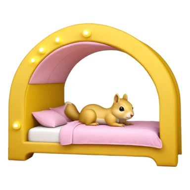The features a bed themed as a large, cheerful, yellow squirrel. The squirrel's head forms an archway over the bed, with large black eyes, a small pink nose, and prominent white cheeks. The bed frame and arch are bright yellow with integrated yellow LED lighting running along the curves.  sticker