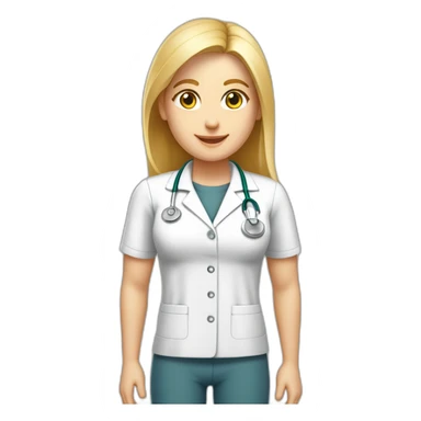 Crea un avatar de medio cuerpo de una nutricionista rubia con ojos grandes y de color gris, cara fina, pelo rubio y largo, ojos grises, uniforme blanco, no incluí ningún elemento médico  sticker