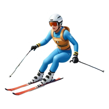 An icon featuring snowy peaks, pine trees, and a picturesque mountain landscape with a skier racing down a snow-covered slope, The sky is blue with soft clouds, capturing the thrill and beauty of alpine skiing. Transparent background highlights the excitement and serenity of winter sports. sticker