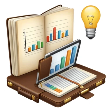 Icon for Business Reading: a prominent open book in the foreground with a briefcase, a laptop, and a notepad around it, with a bar graph and a lightbulb symbolizing ideas and growth. The icon should represent the knowledge and strategy of business literature. Transparent background. sticker