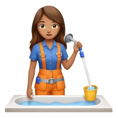 beautiful girl with long brown hair constructing new bathroom area with new shower and amenities  sticker