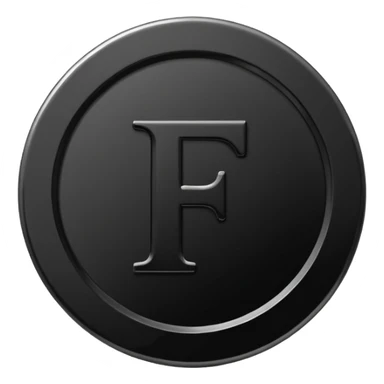 Emoji icon of a black coin with engraved letter F, minimalist style, isolated, no color sticker