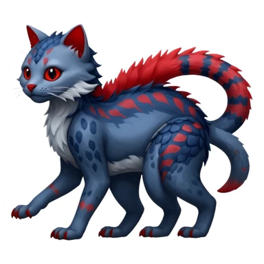 midnight blue-gray-black, with red markings, white belly, scaley scaly batty feline-like quadrupedal digitigrade furry feral Bastet-Noibat-Gatomon-Garchomp-Digimon-Fakémon-Pokémon-creature (full body) sticker