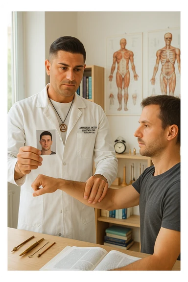 a middle-aged man, dressed in casual professional attire, is in a bright, organized therapy studio. Durante una visita di kinesiologia, il ragazzo tiene con una mano la foto di una persona lontana (il “testimone”) tiene la foto in mano, mentre con l’altra mano esegue un test muscolare su un cliente presente senza foto. Sullo sfondo si vedono libri di kinesiologia, poster anatomici e strumenti tipici della disciplina. L’atmosfera è concentrata e serena, con luce naturale che entra dalla finestra, sottolineando l’aspetto alternativo e umano della pratica. sticker