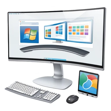 Create an emoji for UX/UI design. Show large curved monitor displaying windows with UX/UI design HTML program interface. Include a mouse, keyboard, and stylus next to the screens. Use modern, professional colors. Do not include any emojis or smiley faces. Make the background transparent. sticker