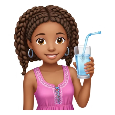 A young afro girl with African braids drinking Water. She has a happy face and is dreesed on pink sticker