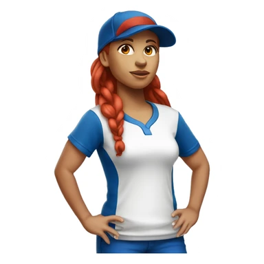 front facing standing up female coach with long red hair, wearing a white t-shirt and a simple baseball blue hat sticker