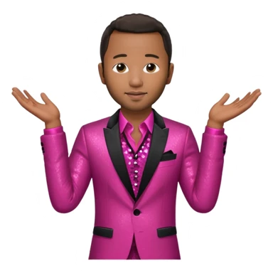 John Legend with dark brown hair, dark pink sequin suit jacket, red shirt sticker