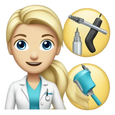 female dentist blond hair in a ponytail with blue eyes holding drill sticker