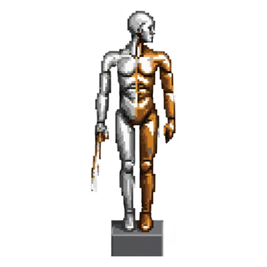 A paintbrush transforming into a silver metallic human silhouette sculpture with bronze accents, symbol of artistic identity sticker