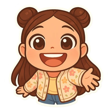 Create a chibi sticker of the girl from the reference image with a wide fish-eye smile close to the camera. She has brown straight hair styled in double buns, brown eyes, wearing a pastel floral cardigan and jeans. The sticker should have a white outline and a transparent background, sized 512x512px. sticker