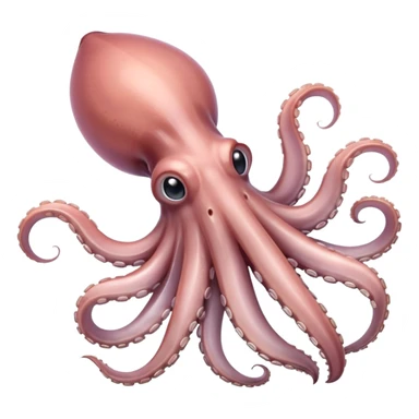 whole squid, pale pinkish-grey, semi-translucent, tapered body, fins, tentacles curled, suction cups, fresh, glossy, anatomically correct, soft lighting, subtle shadows, no plate, no tools, no faces, transparent background, emoji scale sticker