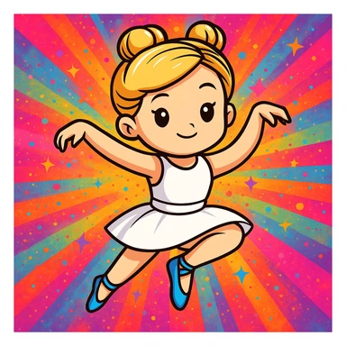 Add a vibrant, colorful background behind Dana Dawson in a dance pose, keep the original cartoon sticker style sticker