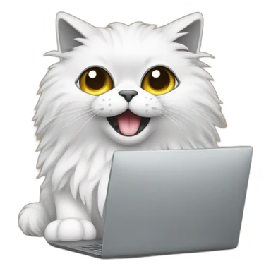 fluffy cat black and white near the computer sticker