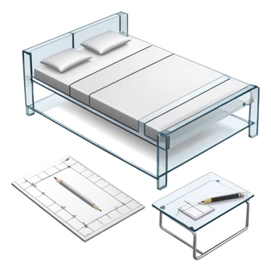 Icon for Furniture Design: a furniture drawing with 3D models of furniture pieces placed on top, accompanied by rulers and a pencil. The icon should represent the design process with focus on precision and modeling. Transparent background. sticker