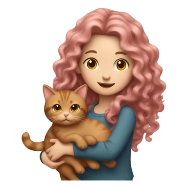 girl with long pink wavy hair, fair skin, holding a brown cat sticker