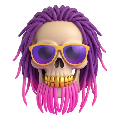 Add the provided sunglasses to the 3D cartoon skull with purple and pink ombre dreadlocks and gold teeth. Remove the tattoo on the forehead. Keep the original 3D cartoon skull style. No background. sticker