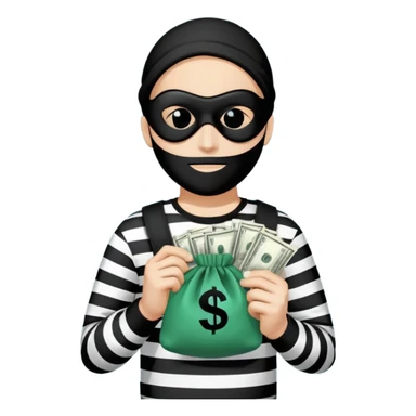 A minimalist digital illustration of a cartoon-style robber character. The robber is wearing a black mask over the eyes, a striped black-and-white shirt, and holding a small bag of money with a dollar sign on it. The background is plain and solid-colored, resembling the style of emojis. The overall design is clean, simple, and focused on bright, bold colors. sticker
