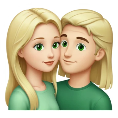 Smiling kissing couple of blonde girl with long hair green eyes and boy with black short hair and green eyes sticker