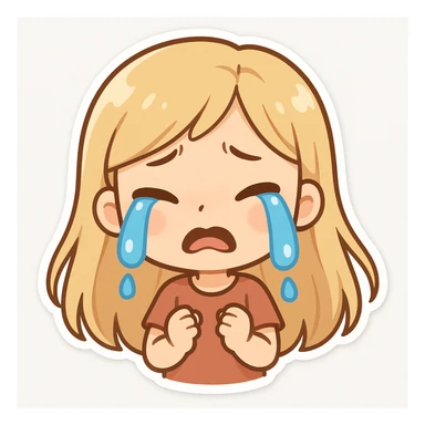animated young girl with long blonde hair, sad and crying, blue cartoon tears, frown, plain white background, cute and expressive sticker