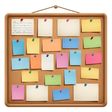 board with pinned photos and notes sticker