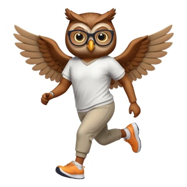 friendly anthropomorphised owl with visible wings, in pants and a shirt, wearing glasses, jogging upright, relaxed pose sticker