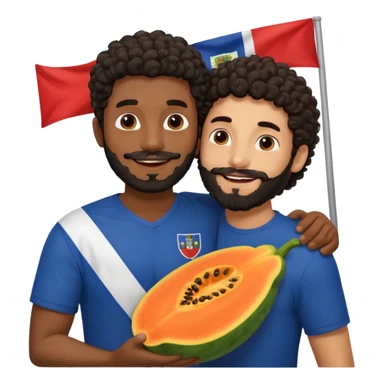 A very happy papaya hugging a medium dark skinned man with dark curly hair with a beard and Dominican flag behind them sticker