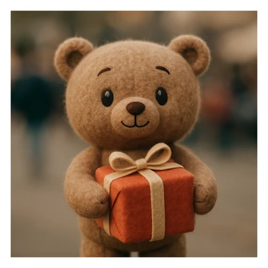 a plush toy holding a present in plush portrait style sticker