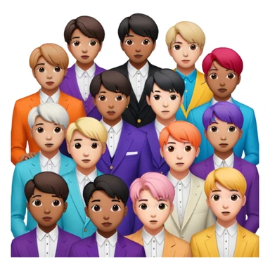 Cinematic Realistic group portrait of BTS featuring all 7 members in stylish modern attire, with detailed facial expressions and vibrant colors, captured in dynamic, contemporary lighting that emphasizes their global pop icon status sticker