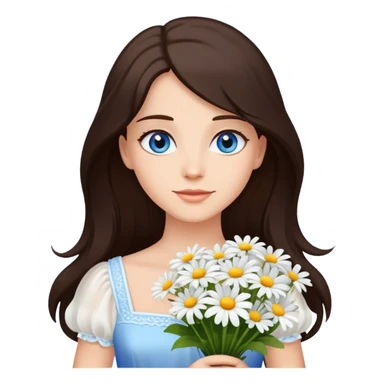 A lady stand with dark brown long hair and blue eyes, wearing a white dress, holds a bouquet of daisies.  sticker