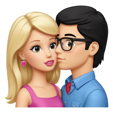pretty blonde girl barbie kissing nerd with black hair and tan skin on the cheek sticker