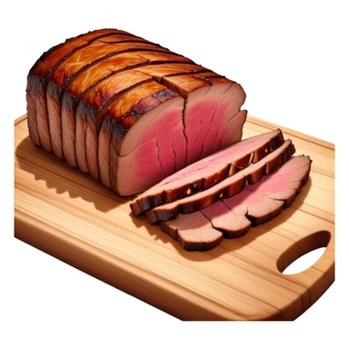Cinematic smoked brisket, deep mahogany crust, perfectly sliced to reveal juicy marbled meat, warm smoky aroma, served on a wooden board, rich and flavorful, ultra-detailed and appetizing. sticker
