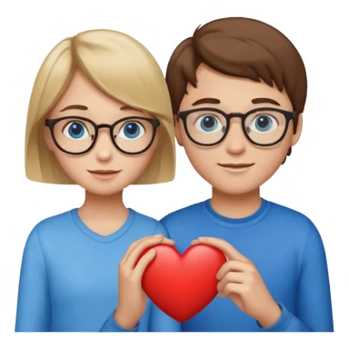 two young lovers, a heart in the middle, boy with brown hair and glasses, girl blonde with blue eyes without glasses, emoji style sticker