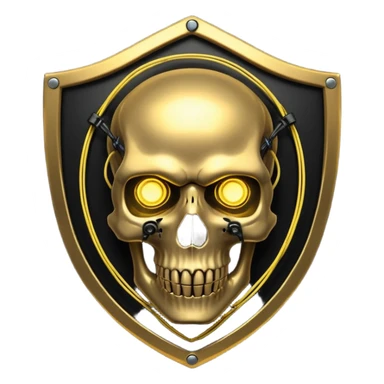 Cyberpunk shield, skull with cybernetic implants, glowing wires, dark electric gold and black tones, no background sticker