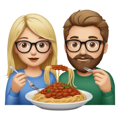 Blonde Caucasian girl eating spaghetti with Caucasian man with brown hair and beard wearing glasses sticker