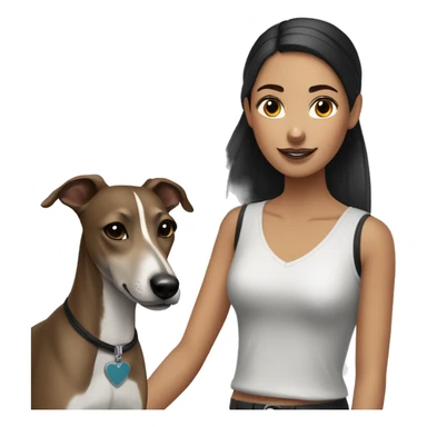 a girl with dark hair and a bun with a greyhound (whippet) dog breed next to her sticker