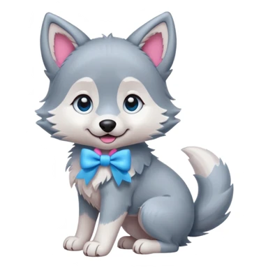 an animated gif-style sticker emote of a wolf puppy in a play-bow wagging its tail in a smooth, natural arc over its back. It has a pink bow on one ear and bright blue eyes sticker