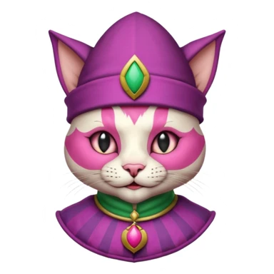 court jester cat medieval, single poker card joker clearly visible, pink, face only, round badge,  court jester cap sticker