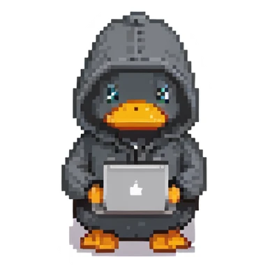 black rubber duck with tiny hoodie and a laptop, hacker sticker