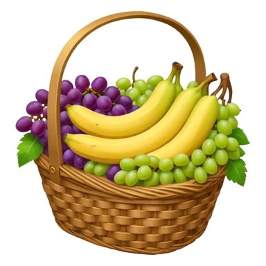 A wicker basket filled with apples, grapes, and bananas.






































 sticker