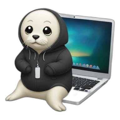 seal in black hoodie with laptop sticker