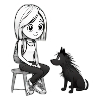 a dog and a girl with black spiky hair looking at each other in style of ((sarah andersen)), black and white,sarah andersen,cartoon,drawn,sketch sticker