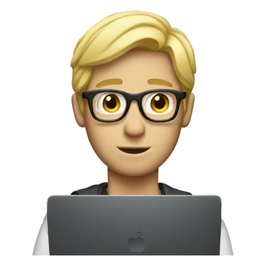 blonde male with glasses hiding behind mac laptop sticker