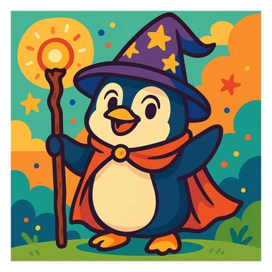 a penguin dressed as a wizard, with a pointy hat and a magic staff, in a fun and whimsical style, colorful vibrant toon illustration sticker