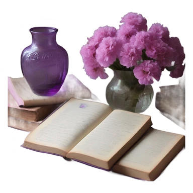 An aesthetic arrangement of a violet vintage book and pink flowers in a glass vase, surrounded by antique letters sticker