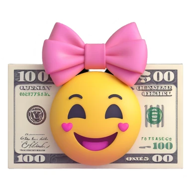 $100 bill, 3D emoji style, white with pink highlights, girly, with a bow instead of a smiley face sticker