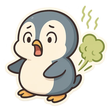 penguin with surprised face farting green gas and stink marks sticker