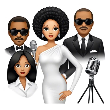 Icon for R&B Music: collage of legendary R&B artists—Diana Ross, Stevie Wonder, Marvin Gaye, Janet Jackson, Billy Ocean, and Whitney Houston. Represented by silhouettes or symbolic items like a microphone, guitar, or music notes. Transparent background. sticker
