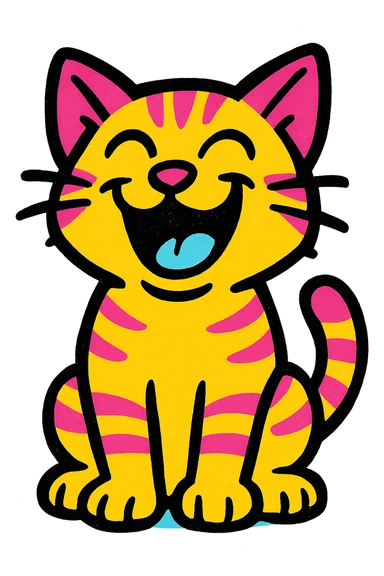 a laughing tabby cat, stylized, exaggerated features, joyful expression sticker